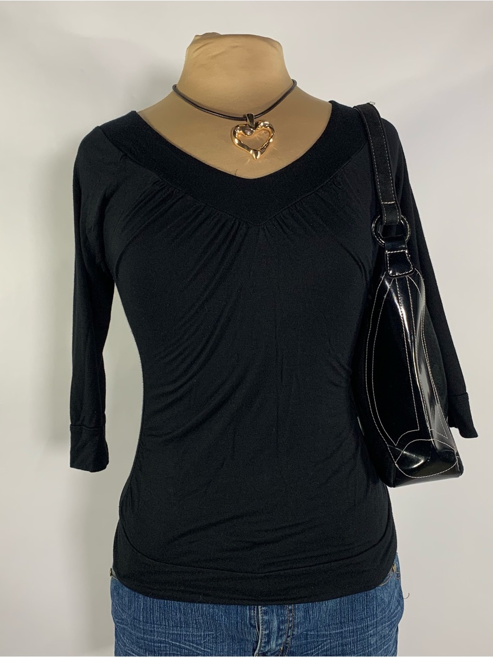 Y2K Forever 21 Black Ruched V Neck 3/4 Sleeve Top Made in USA